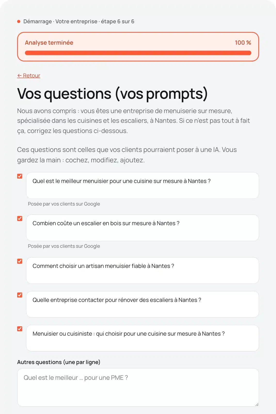 Écran du Cachalot où l'utilisateur valide les questions proposées pour son activité